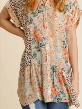 Umgee Be Sweet Mixed Print Button Down Tunic Top